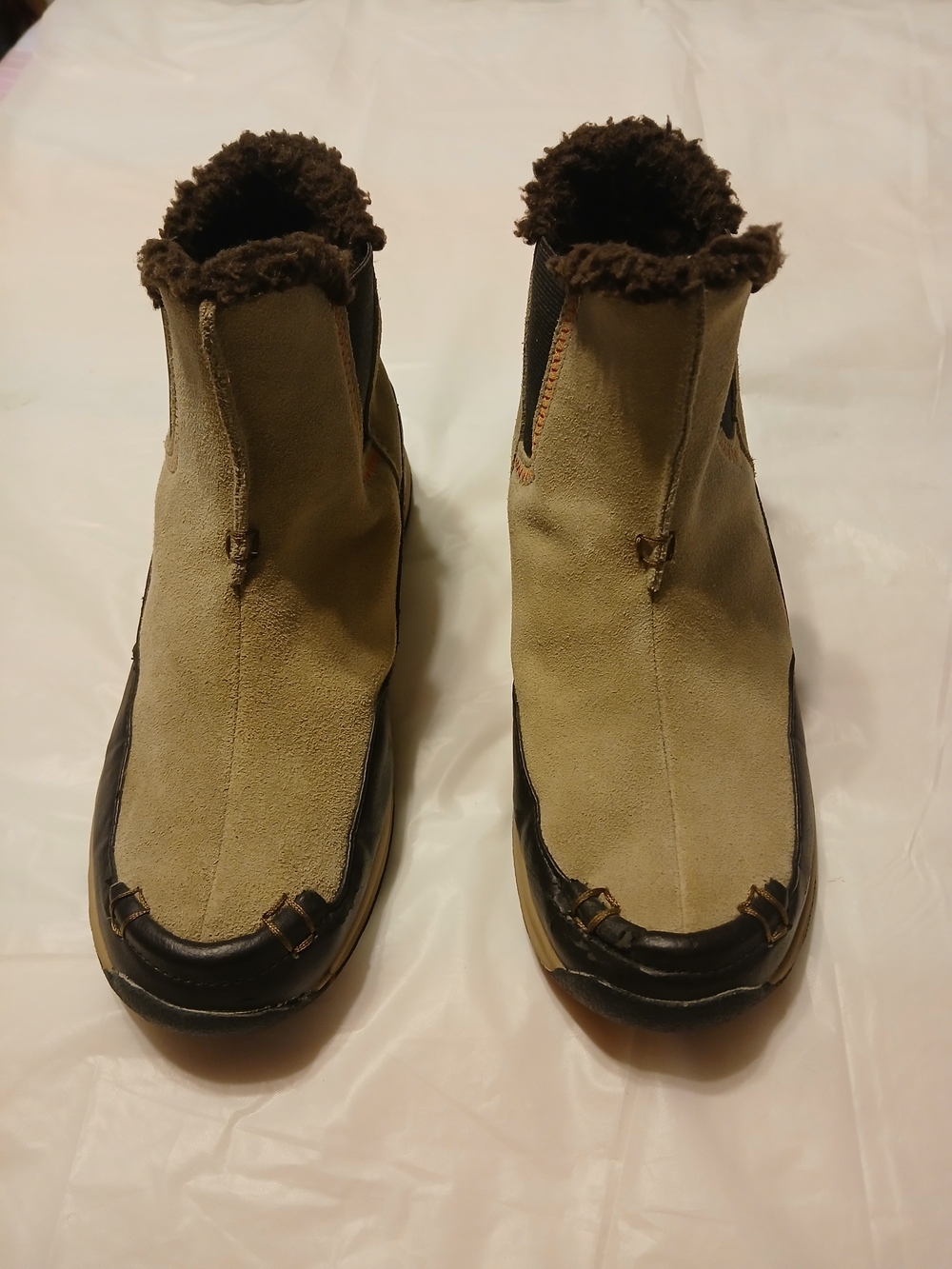 Lands' End Women's Suede Winter Slip-On Ankle Boots in Beige with Faux Fur